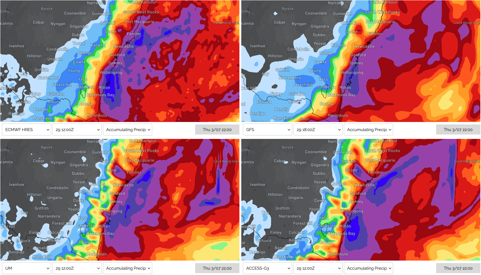 Rainfall accumulations across NSW to 10pm on Thursday, July 3, 2025, according to ECMWF (top left), GFS (top right), UKMO (bottom left) and ACCESS-G (bottom right).