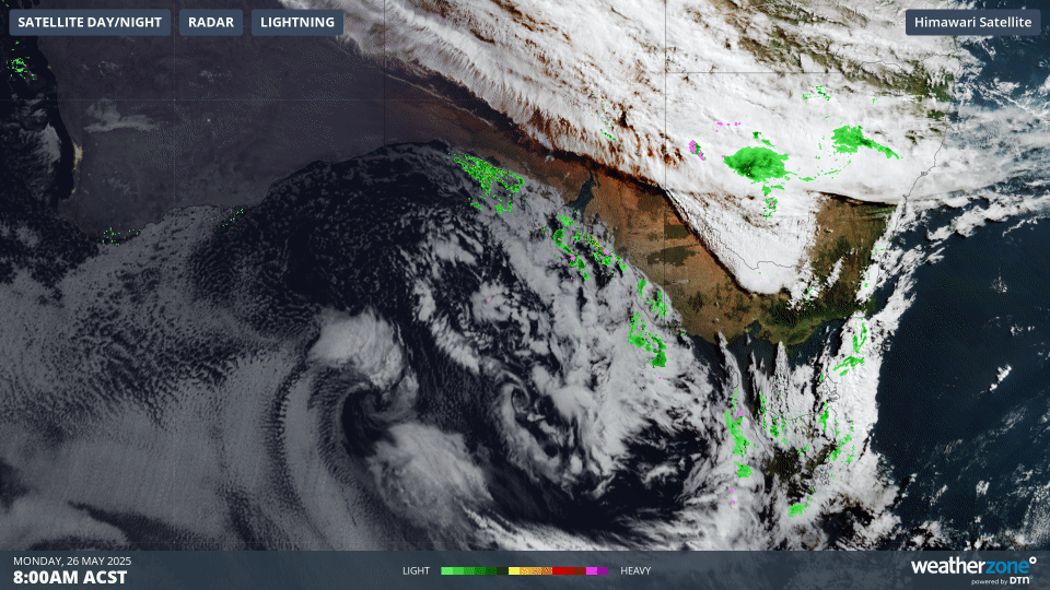 Image: satellite loop showing the deep and powerful low and cold front moving into South Australia this morning on Monday, May 26.