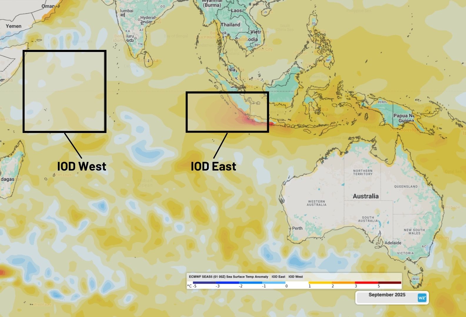 Forecast SST anomalies across the Indian Ocean and IOD regions in September 2025 with very warm waters near Indonesia in the IOD East region.