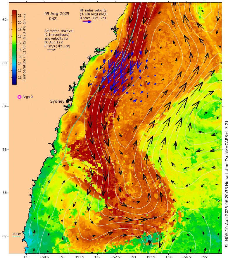 SST off NSW’s coast on Saturday, August 9, 2025, showing a tongue of warm water sitting off the coast. Source: IMOS