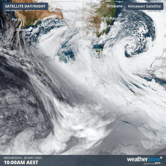 Image: Satellite loop on Wednesday, May 28, showing a deep Tasman low and powerful Southern Ocean cold front.