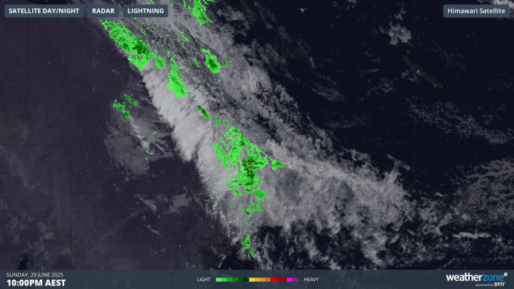 Satellite imagery showing a coastal trough across eastern Australia between Sunday, June 29, and Monday, June 30, 2025.