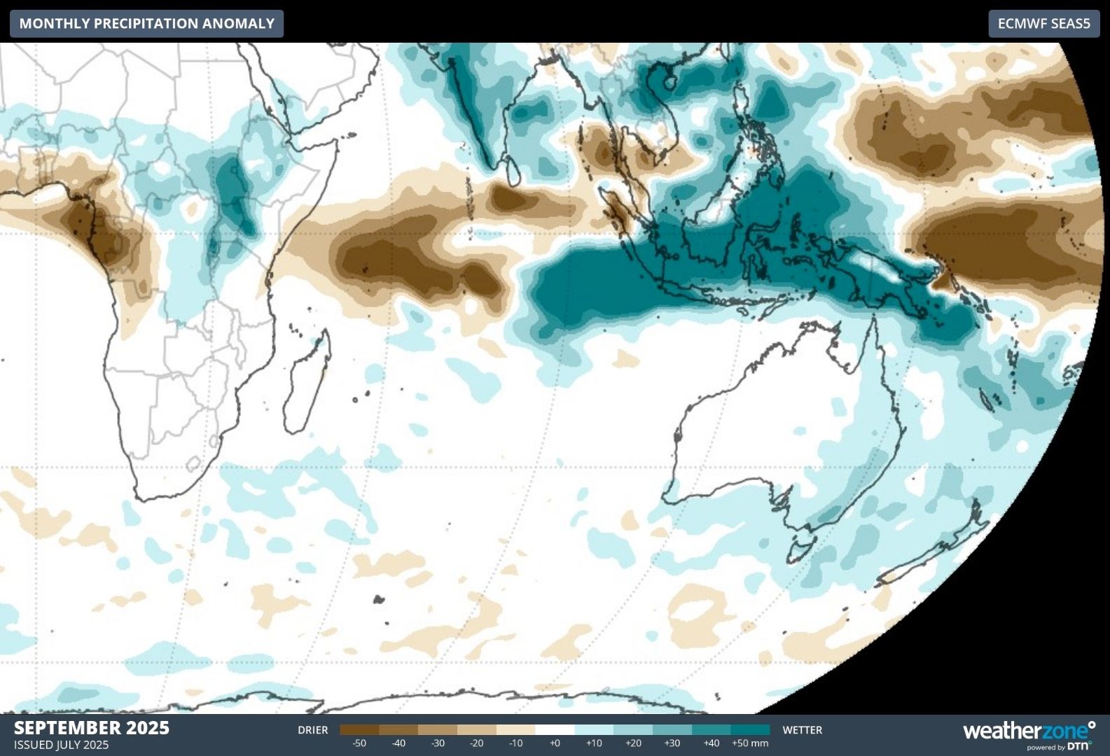 Forecast monthly precipitation anomalies across the Indian Ocean, Indonesian and Australian regions in September 2025.