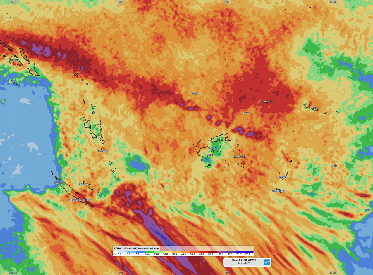 Image: forecast accumulated rainfall across the South Pacific to 10pm AEST on Sunday, June 8.