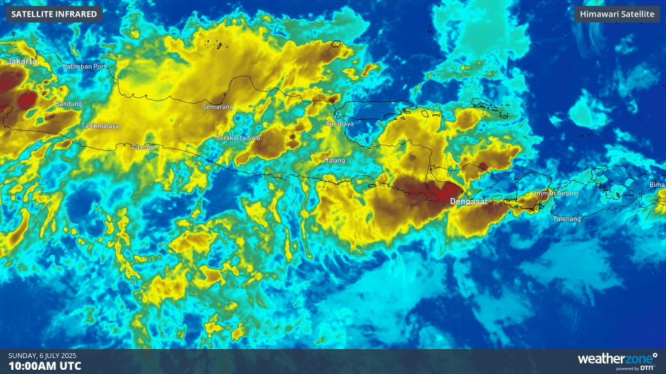 Enhanced infrared satellite imagery showing intense thunderstorm activity across Bali and surrounding areas on the evening of Sunday, July 6, 2025.