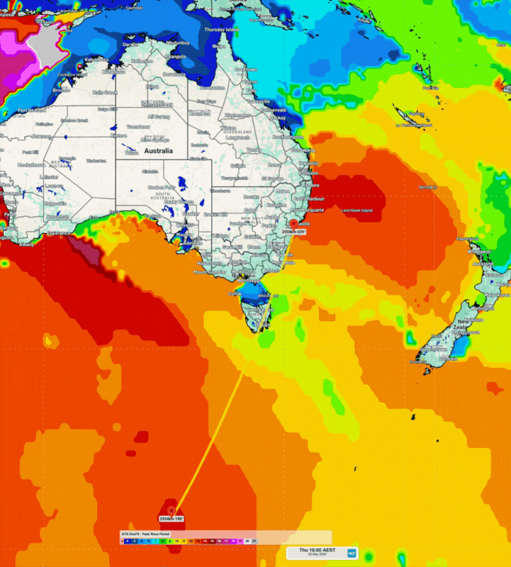 Image: OneFX peak wave period forecast between Thursday, May 29, and Monday, June 2.