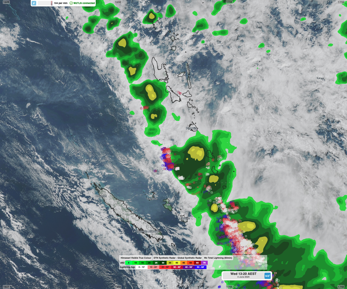 Image: In a region where radar coverage is sparse, the DTN Synthetic Radar and Total Lightning Network shows where adverse weather is starting to impact Vanuatu on the afternoon of Wednesday, June 4, 2025. Source: Weatherzone / DTN
