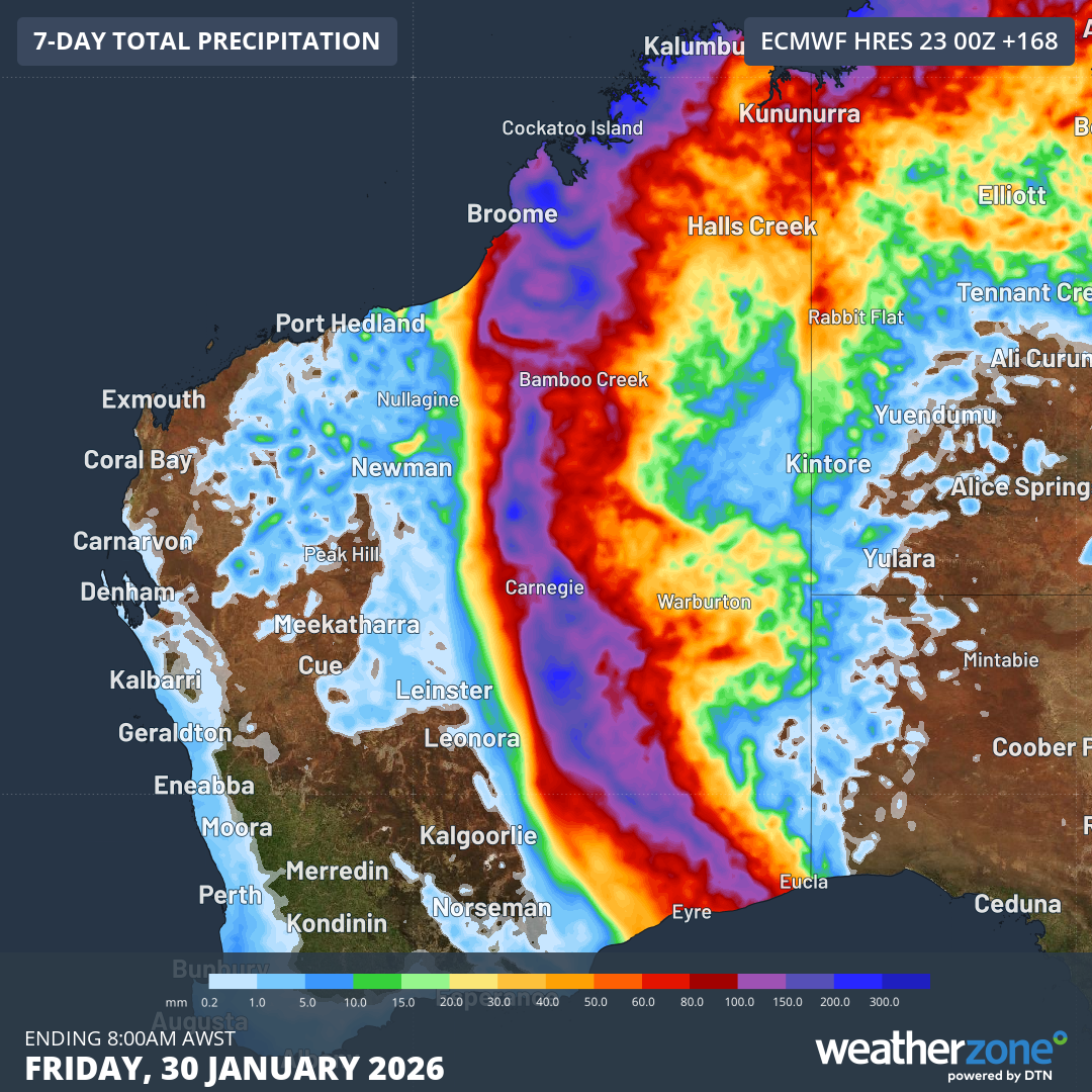 Forecast rainfall accumulations over the next 7 days across WA, showing the track of the tropical system as it transitions over land and brings flooding rain.