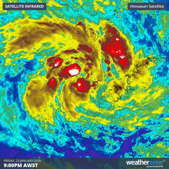 Infrared satellite imagery showing Luana intensifying northwest of Broome early on Saturday morning, January 24, 2026.