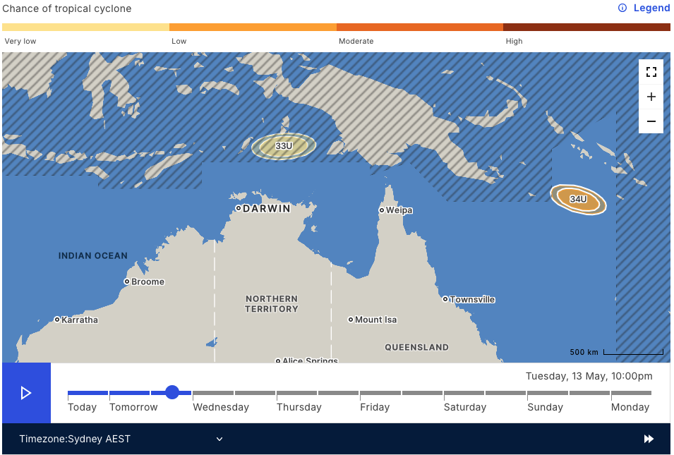 Image: Chances of tropical cyclone development of Tropical Lows 33U and 34U on Tuesday, May 13. Source: BoM