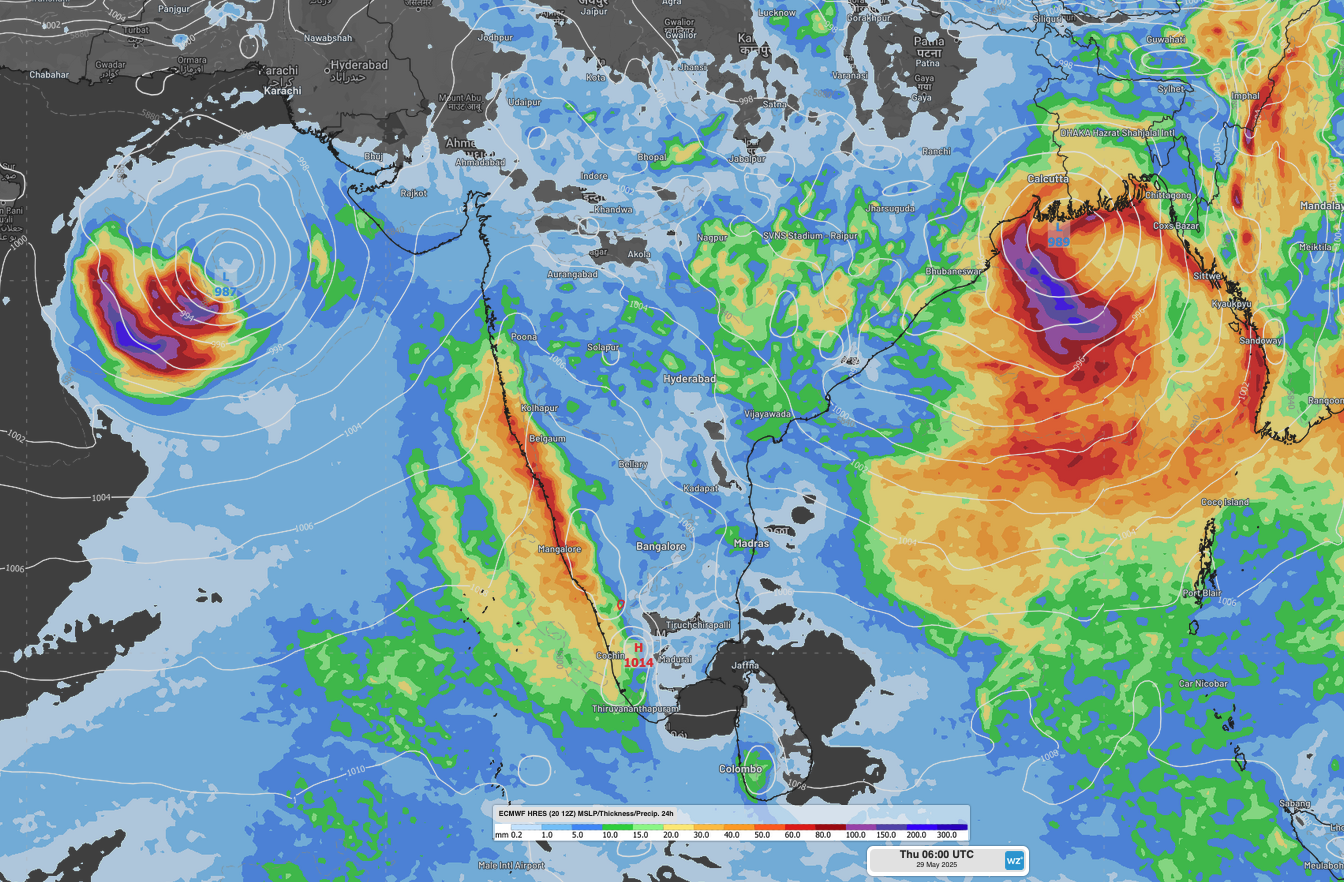 Image: Mean Sea Level Pressure and 24-hour rainfall on Thursday, May 29, showing possible cyclonic storms forming in the Arabian Sea and Bay of Bengal.