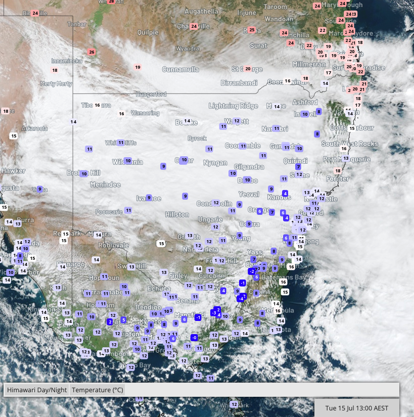 Visible satellite imagery and temperature observations at 1pm on Tuesday, July 15, 2025.
