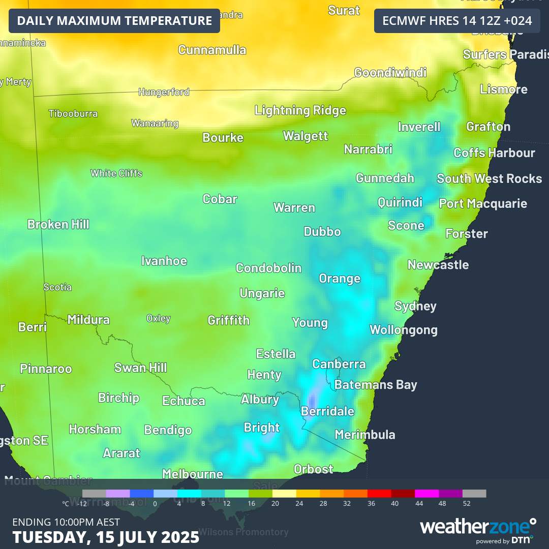 Maximum temperature across NSW on Tuesday, July 15, 2025.