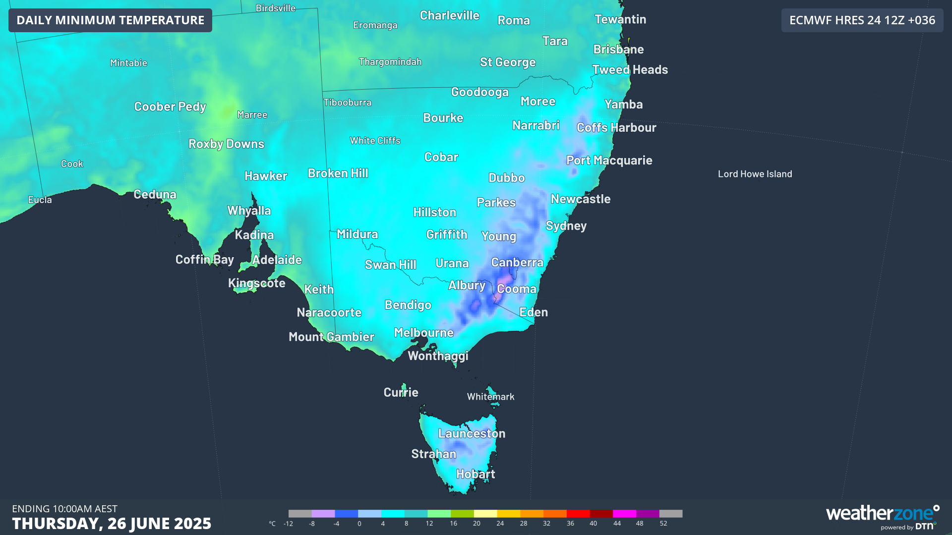 Forecast minimum temperatures across southeastern Australia on Thursday, June 26, 2025.