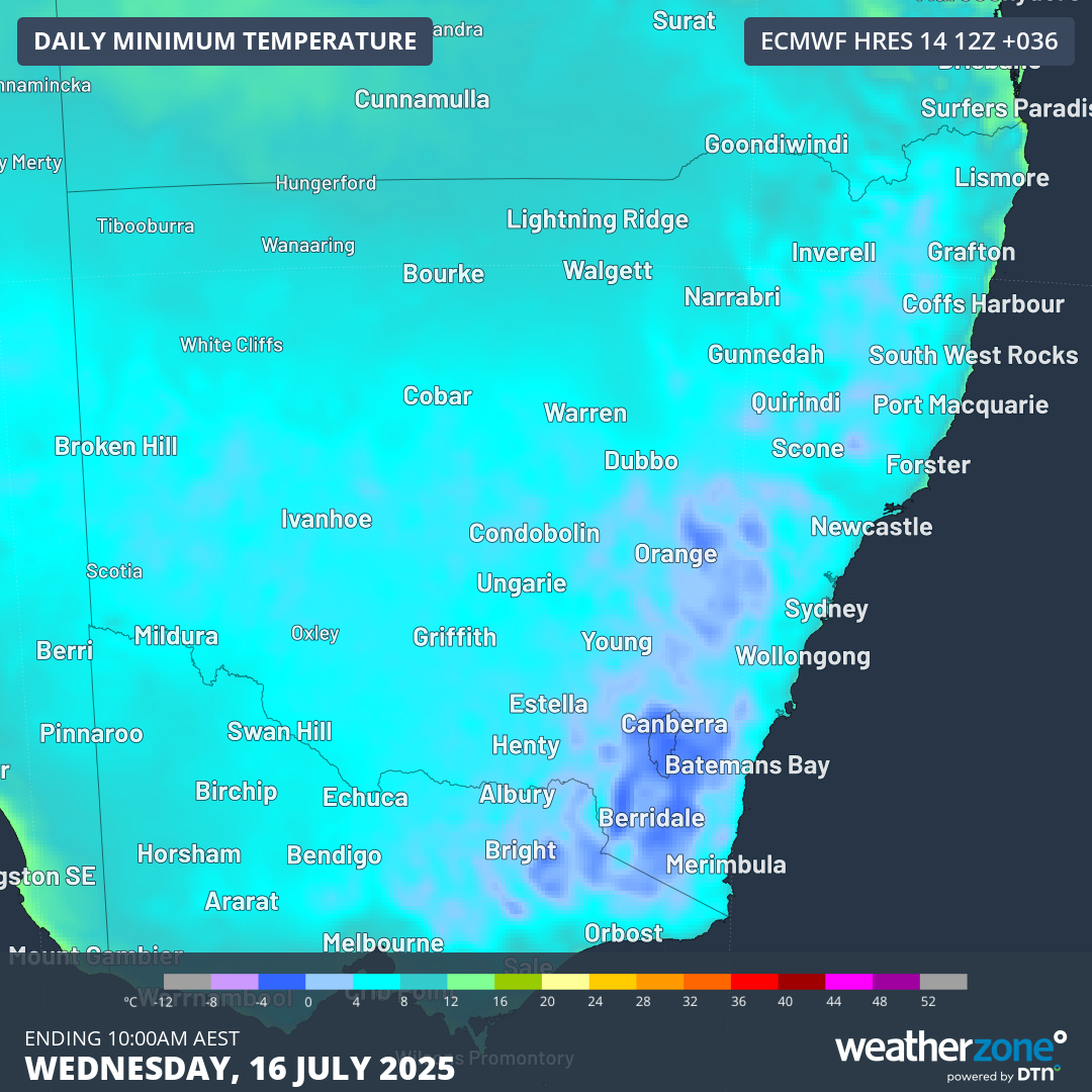 Forecast minimum temperatures across NSW on Wednesday, July 16, 2025.