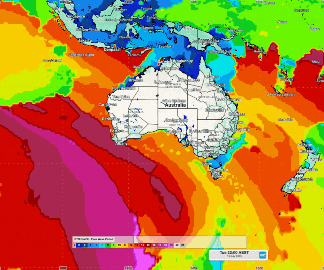 OneFX peak wave period radiating out from the storm centre across the Australian region and beyond between Tuesday, July 15, 2025 and Wednesday, July 23, 2025.
