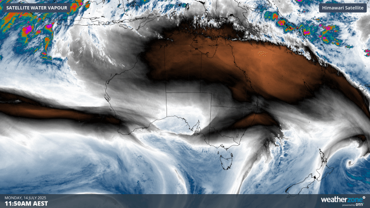 Water vapour satellite imagery showing moisture streaming from the Indian Ocean across Australia on Monday, July 14, 2025.