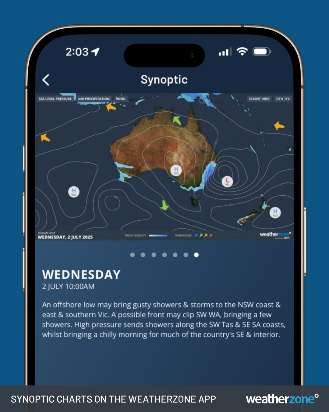 Synoptic Chart on the Weatherzone app for Wednesday, July 2, 2025, showing the deep low in the Tasman Sea, with a blocking high extending over New Zealand.