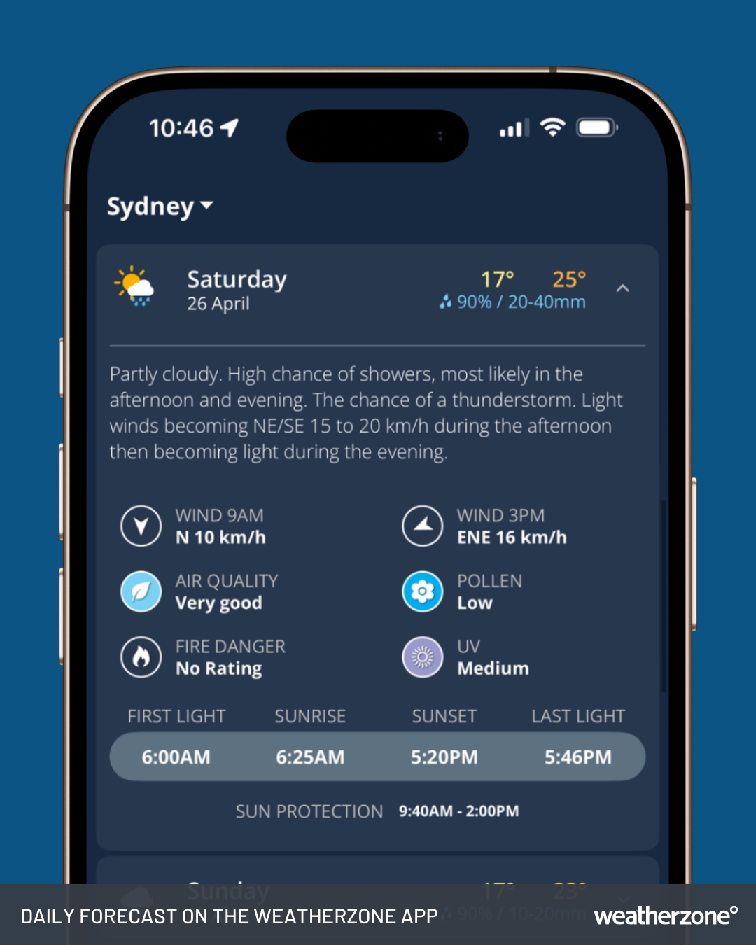 Image: Daily forecast on the Weatherzone app for Sydney, NSW, on Saturday, April 26.