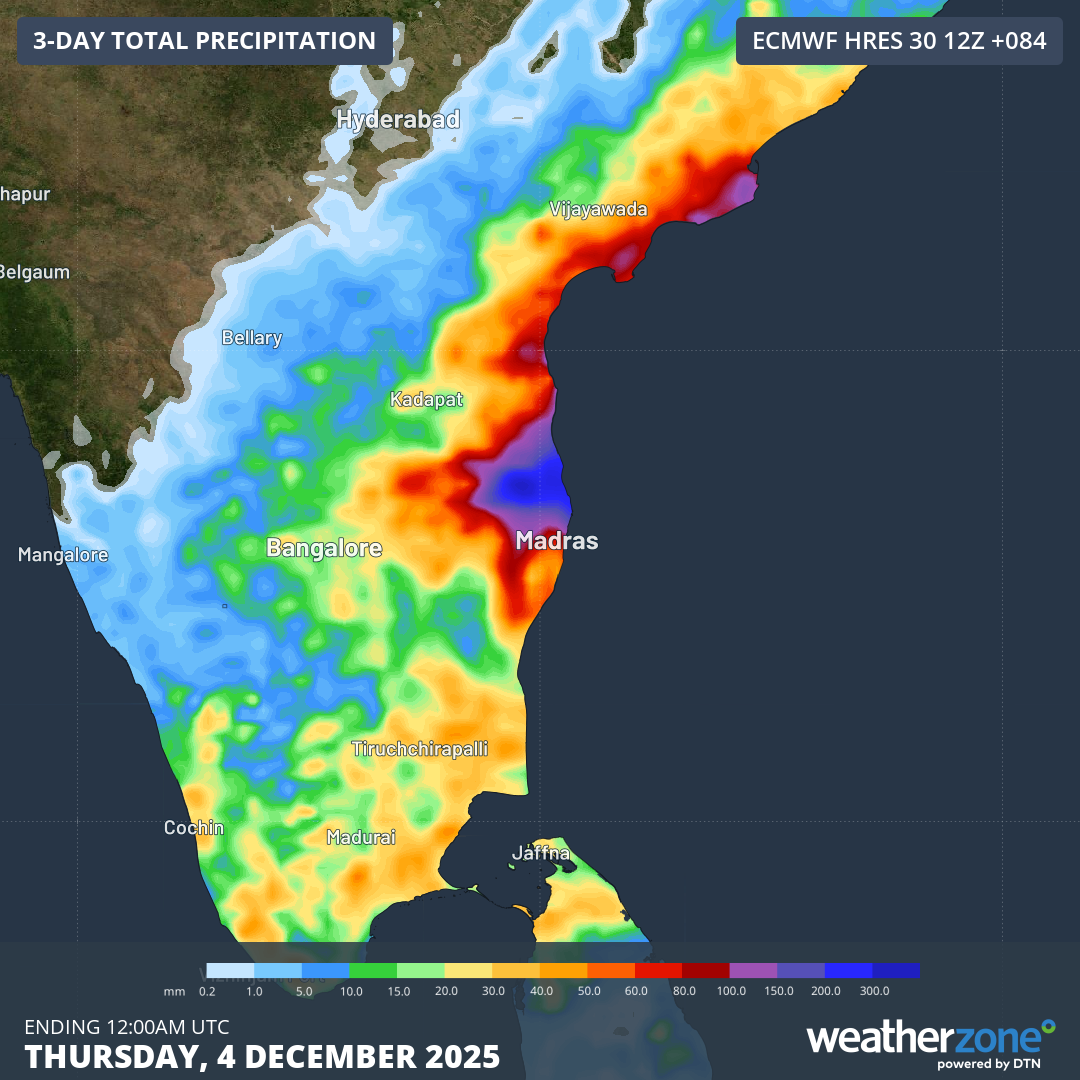 Forecast rainfall accumulations in the three-day period to Thursday morning, December 4, 2025, showing heavy rainfall from the remnants of Ditwah impacting southern India. Source: Weatherzone.