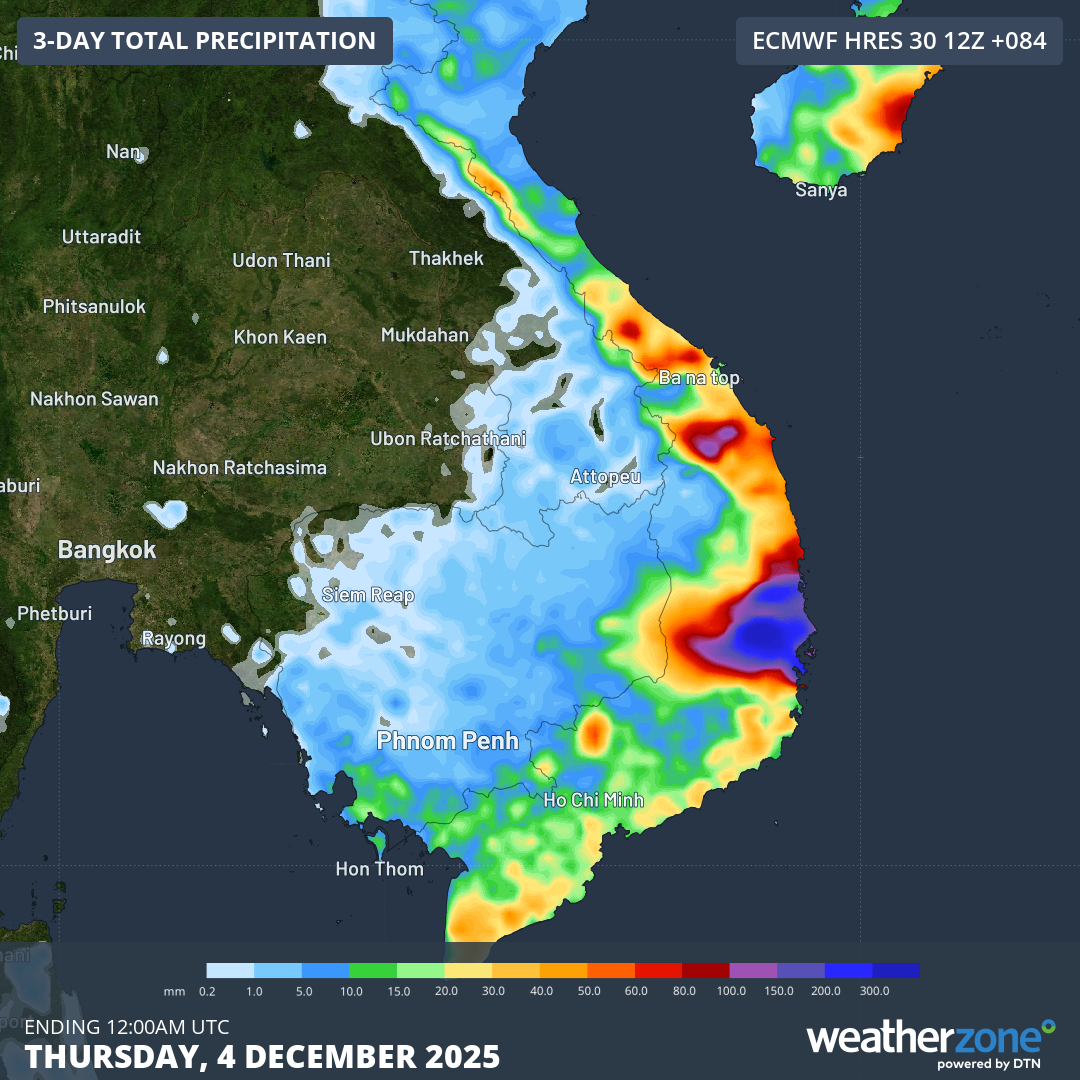 Forecast rainfall accumulations in the three-day period to Thursday, December 4, 2025, across Vietnam. Source: Weatherzone.
