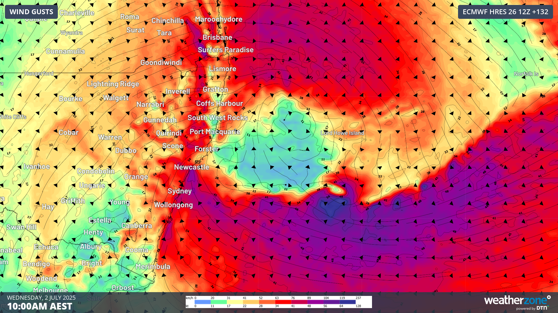 10 metre wind gusts at 10am on Wednesday, July 2, 2025, according to ECMWF.