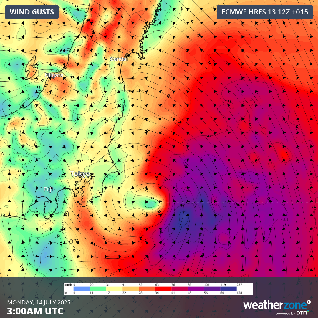 Forecast 10m wind gusts at 12pm JST on Monday, July 14, 2025.