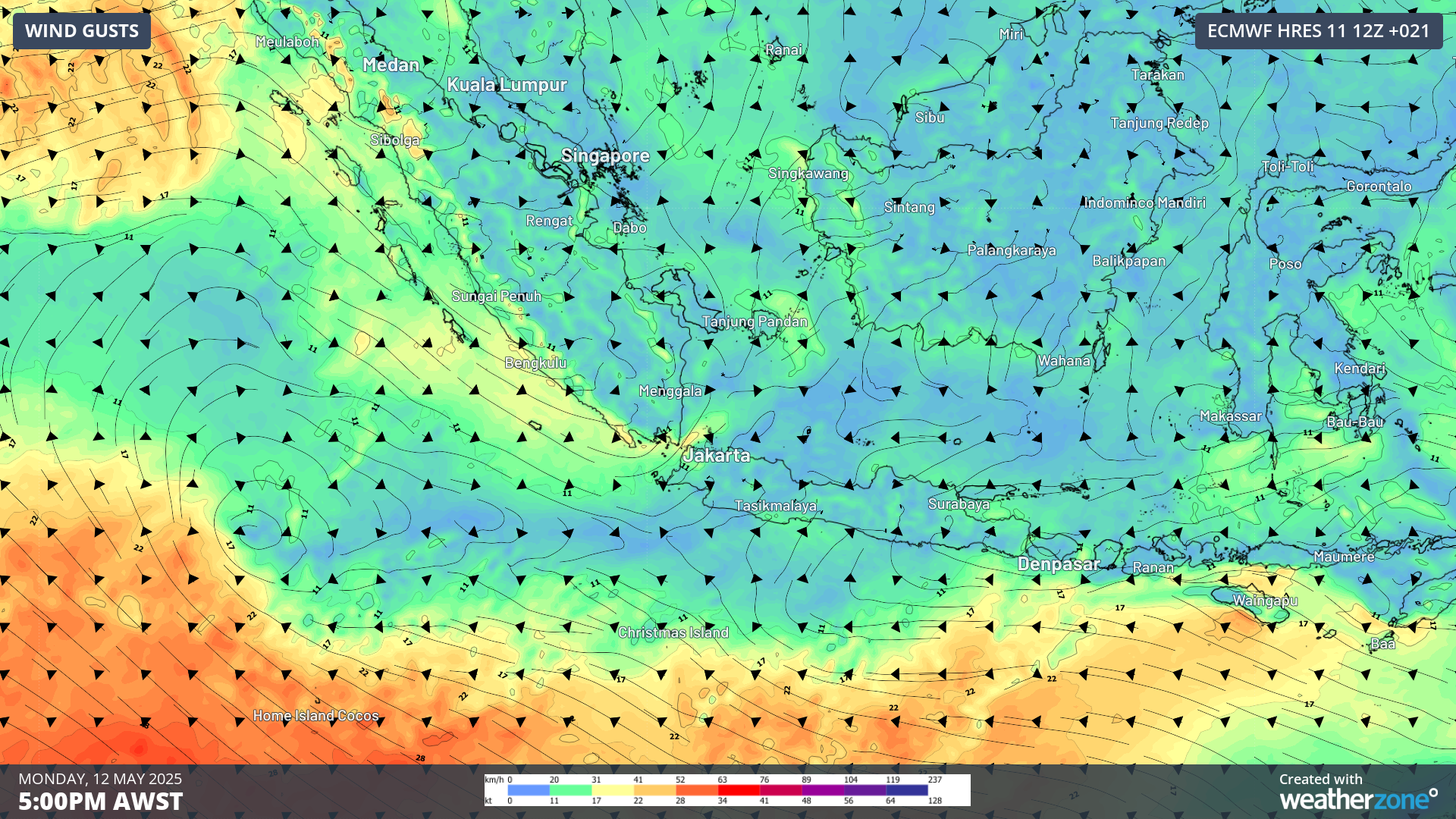 Image: 10m wind gusts at 5pm AWST on Monday, May 12, over Sumatra and Indonesia.