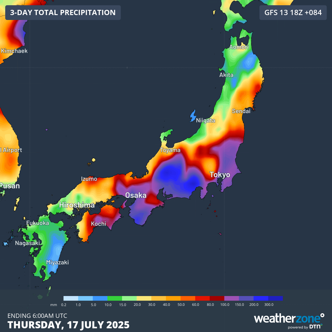 Forecast rainfall to 3pm JST on Thursday, July 17, 2025.