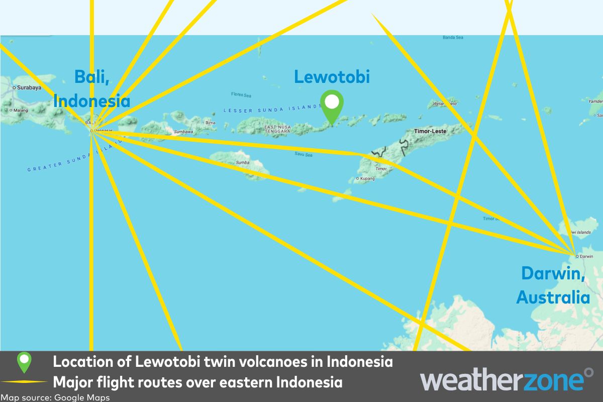 Image: Map showing the location of the Lewotobi twin volcanoes in Indonesia along with major flight routes over the region.