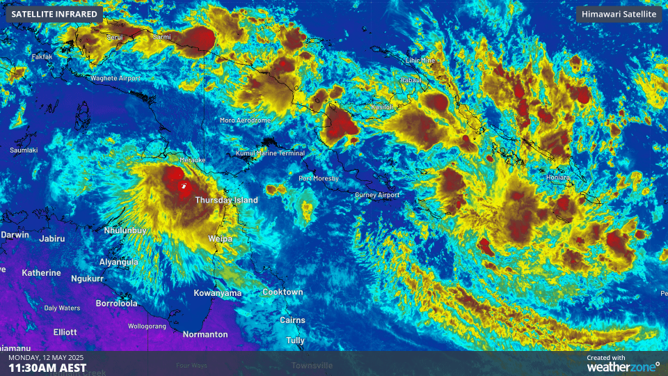 Image: Satellite loop showing Tropical Lows 33U and 34U over the northern Arafura Sea, and Solomon Sea, respectively, on Monday, May 12.