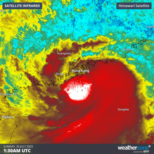 Enhanced infrared satellite Imagery showing Typhoon Wipha coming close to Hong Kong on Sunday, July 20, 2025.