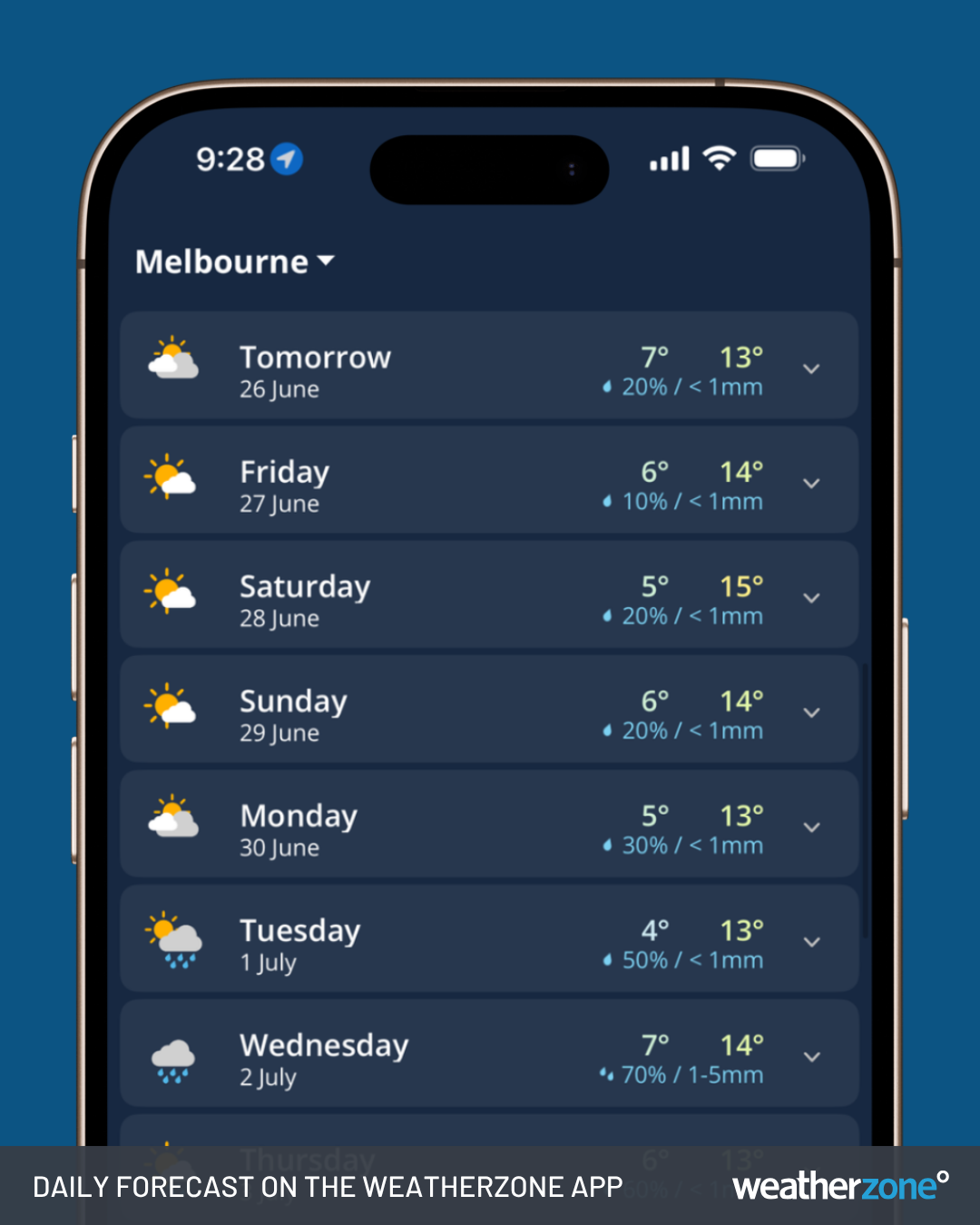 Daily Forecast on the Weatherzone app for Melbourne, Victoria.