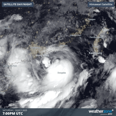 Visible satellite imagery showing Typhoon Wipha over the South China Sea on Sunday, July 20, 2025.