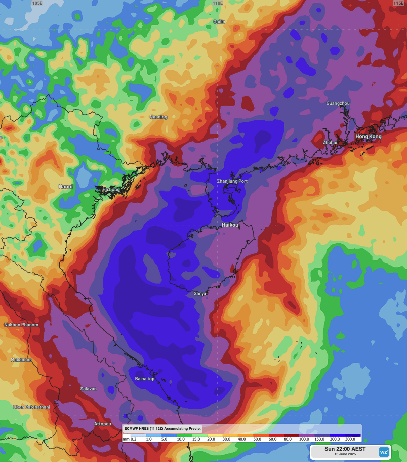 Image: Accumulated rainfall to 8pm CST on Sunday, June 15, over Vietnam, the Beibu Gulf, Hainan Island, Guangxi and Guangdong.