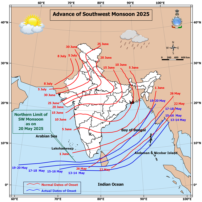 Image: Advance of the 2025 southwest monsoon onset (blue) and the normal dates of onset (red). Source: Indian Meteorological Department