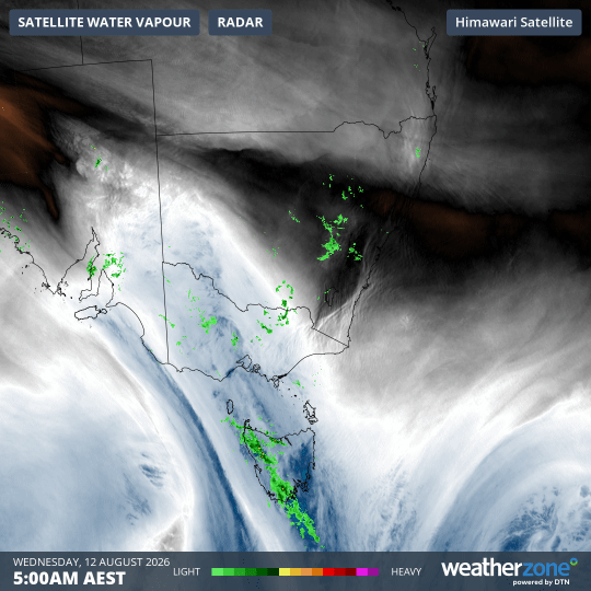 Image: Rain radar and atmospheric water vapour loop across SE Australia for the six hours to 11 am on Wednesday, August 12, 2026. Source: Weatherzone.