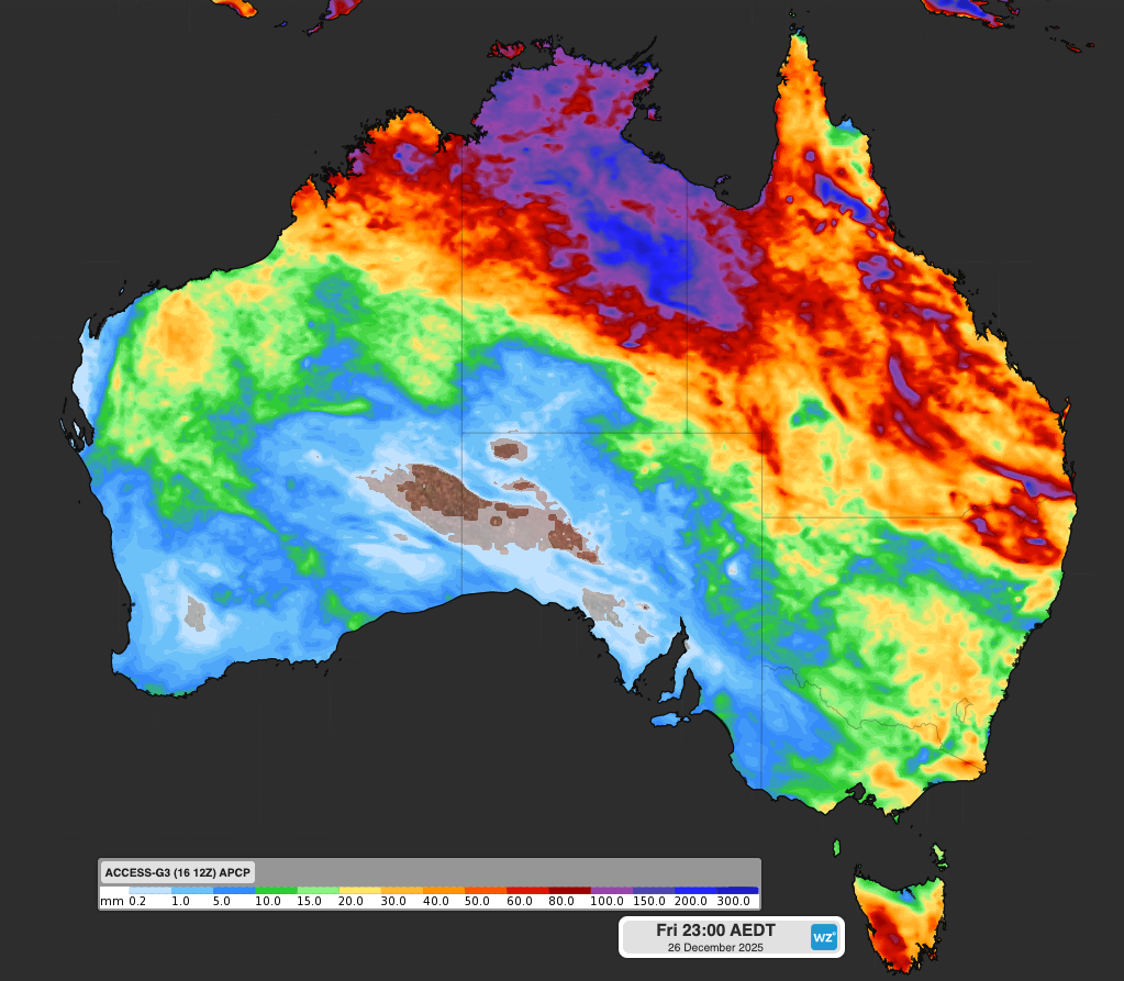 Forecast accumulated rain during the 10 days ending at 11pm AEDT on December 26, 2025, according to the ACCESS-G model. Source: Weatherzone.