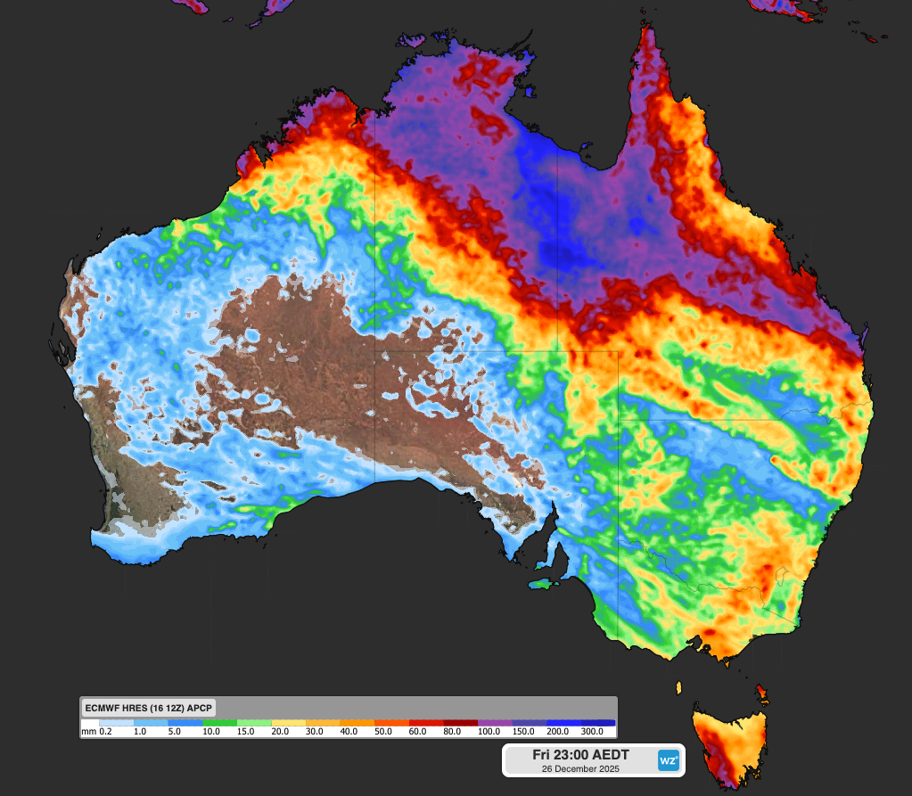 Forecast accumulated rain during the 10 days ending at 11pm AEDT on December 26, 2025, according to the ECMWF model. Source: Weatherzone.