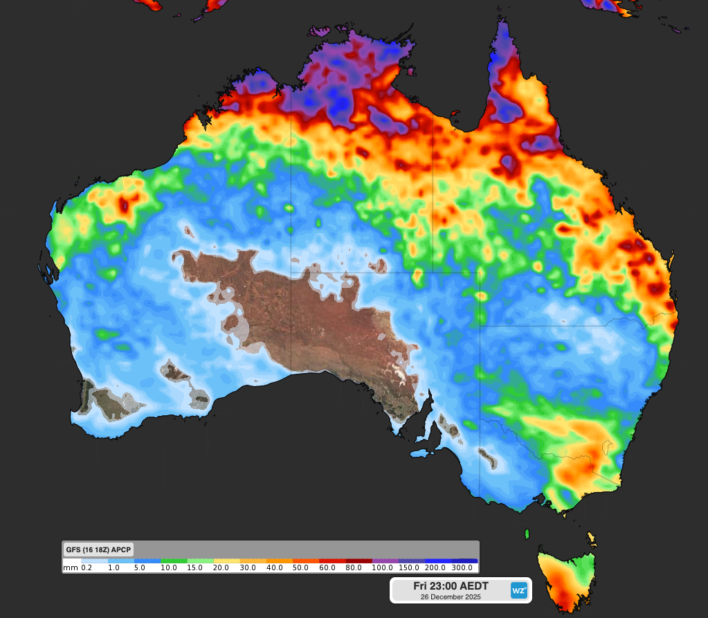 Forecast accumulated rain during the 10 days ending at 11pm AEDT on December 26, 2025, according to the GFS model. Source: Weatherzone.