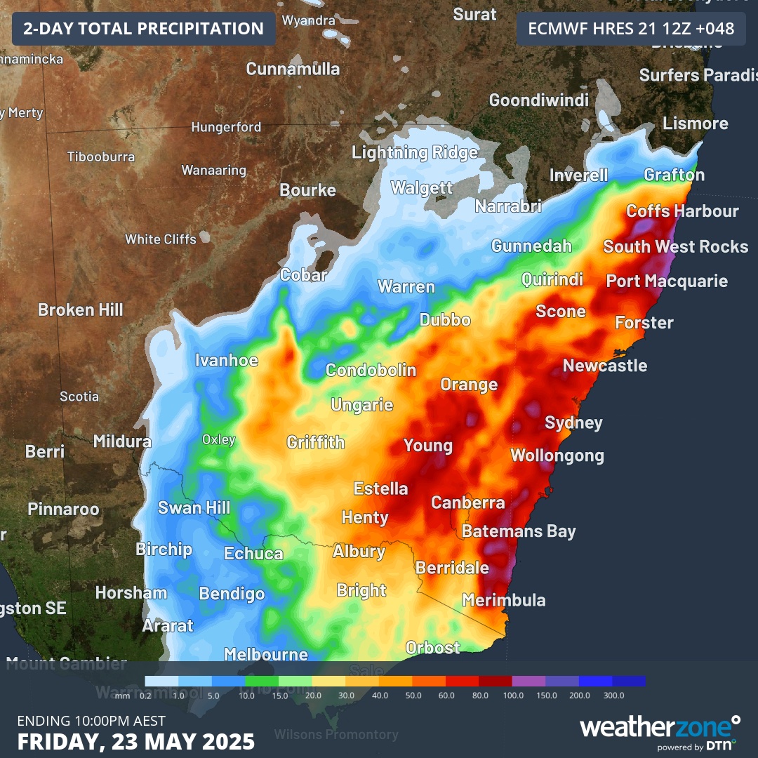 Forecast accumulated rain during the 48 hours ending at 10pm AEST on Friday, May 23, 2025.