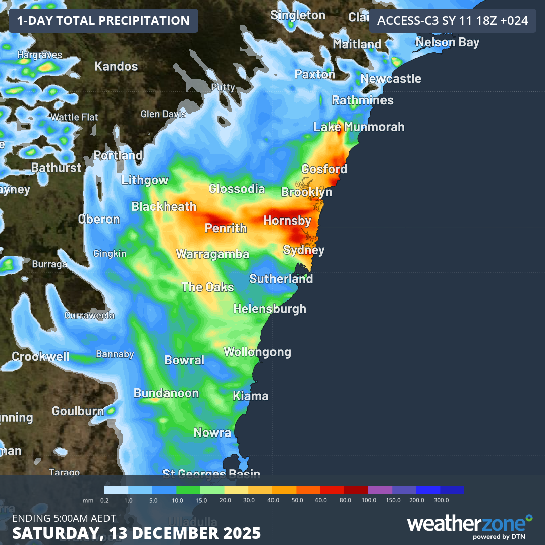 Forecast accumulated rain during the 24 hours ending at 5am AEDT on Saturday, December 13, 2025. Source: Weatherzone.