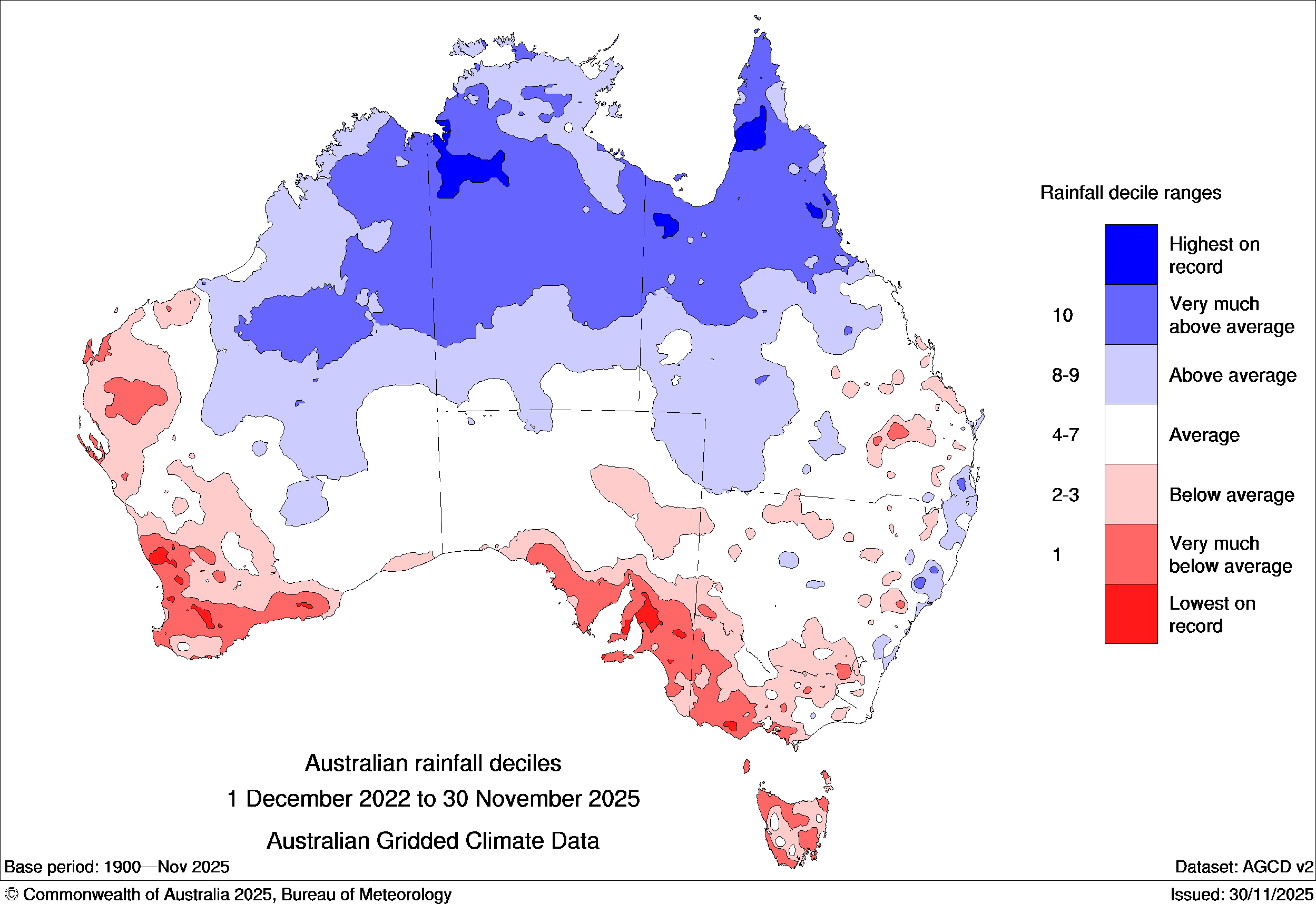 Observed rainfall deciles during the three-year period from December 2022 to November 2025. Source: Bureau of Meteorology.