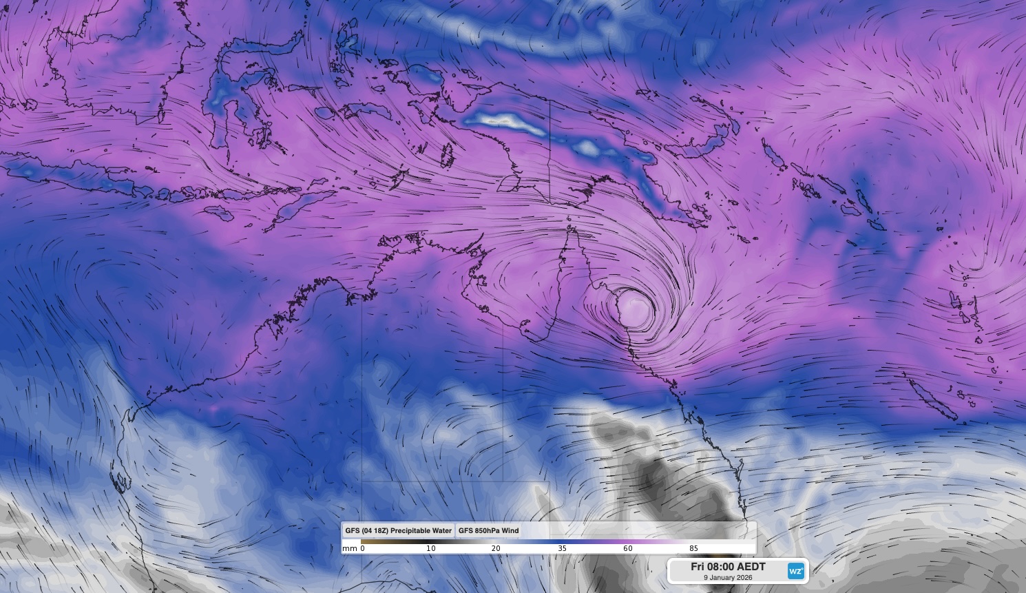 Forecast 850 hPa wind and precipitable water showing monsoon winds carrying moisture towards Qld on Friday, January 9, 2026. Source: Weatherzone.
