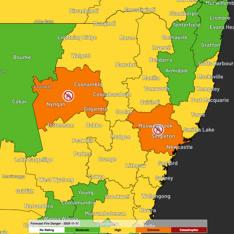 Forecast fire danger ratings and total fire bans on Tuesday. Weatherzone.