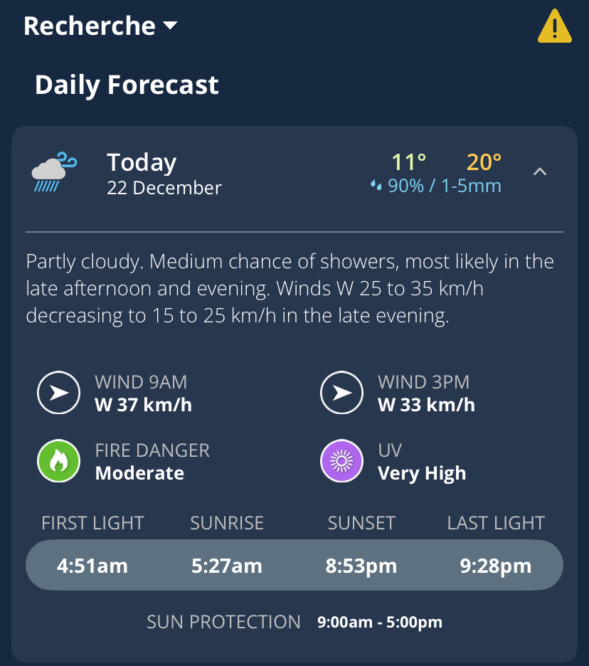 Summer solstice sunrise and sunset times on the Weatherzone app for Recherche, Tas.