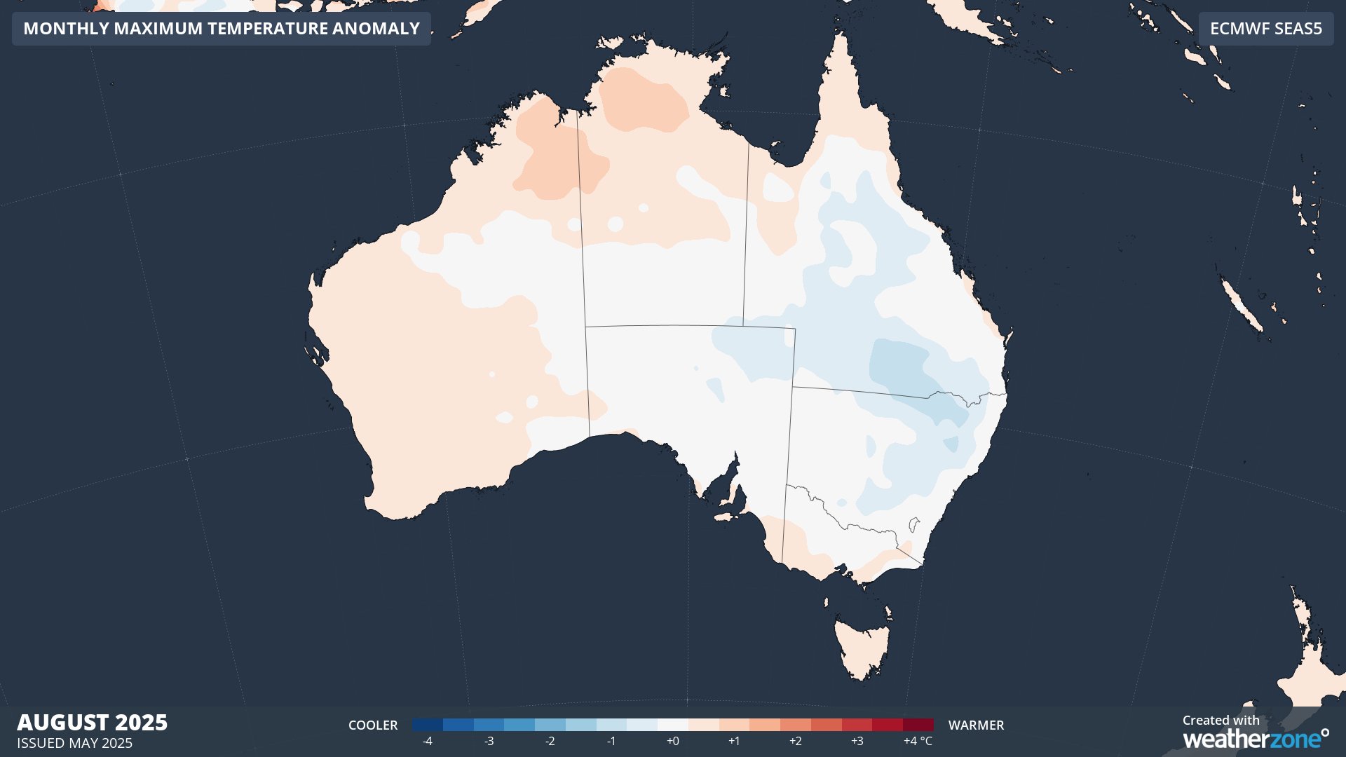 Forecast maximum temperature anomaly for August 2025, according to the ECMWF SEAS5 model.
