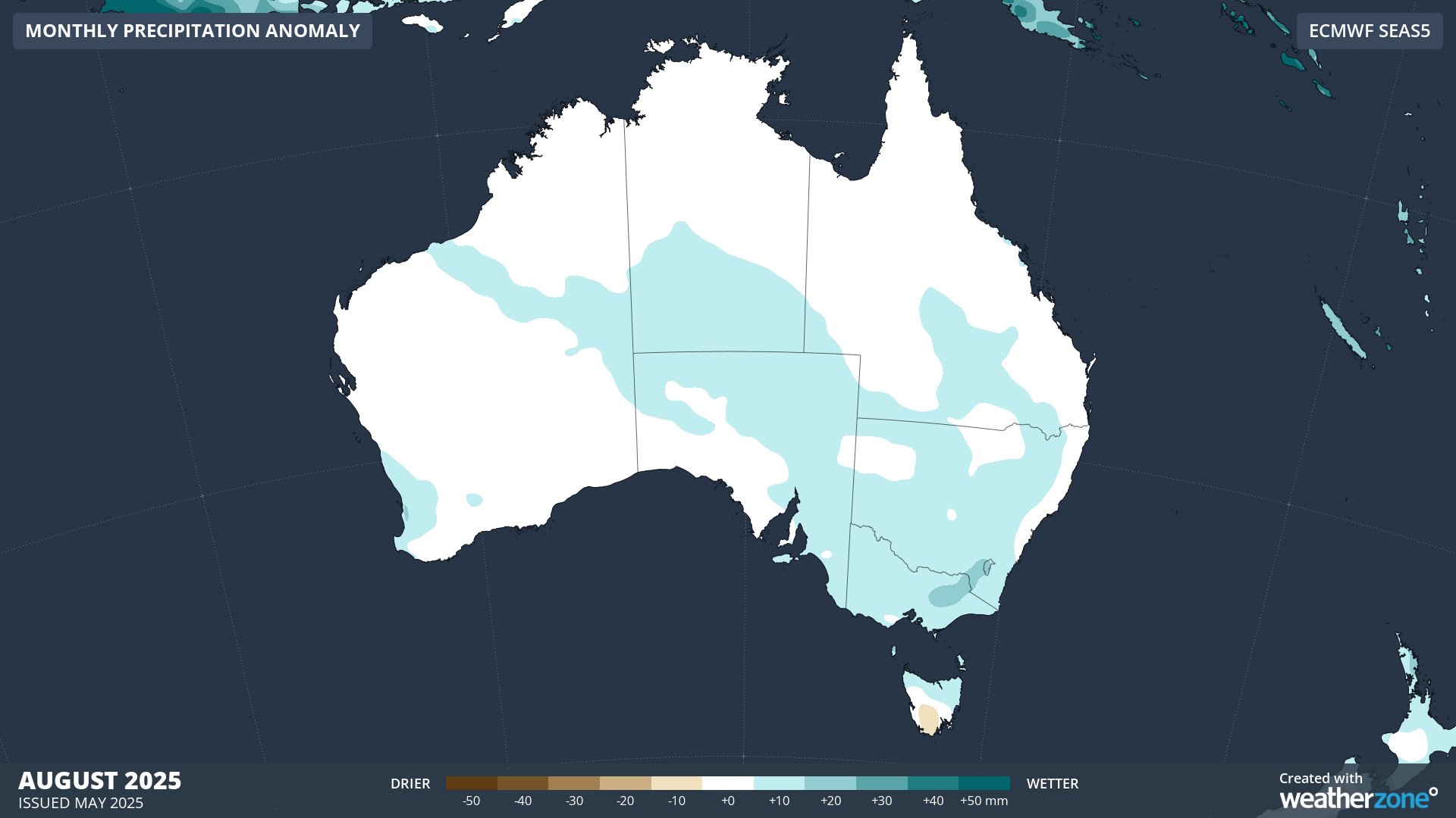 Forecast precipitation anomaly for August 2025, according to the ECMWF SEAS5 model.