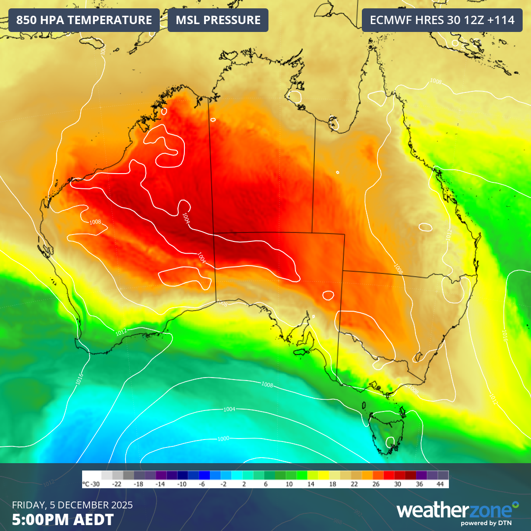 Forecast 850 hPa temperature and mean sea level pressure at 5pm AEDT on Friday, December 5. Source: Weatherzone.