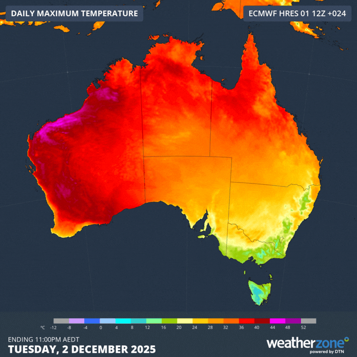 Forecast daily maximum temperatures between Tuesday and Sunday this week. Source: Weatherzone.